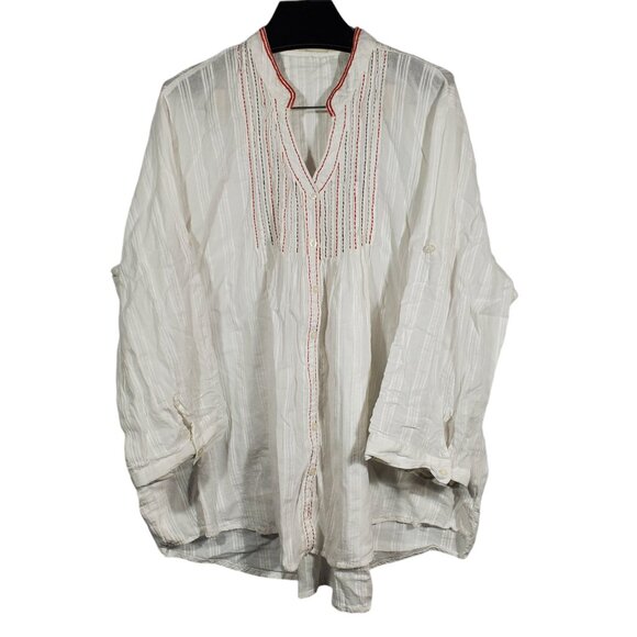 Roamans Button Tunic Top 24W Embroidered Seersucker Roll-Tab V-Neck 3/4 Sleeve - Picture 1 of 5